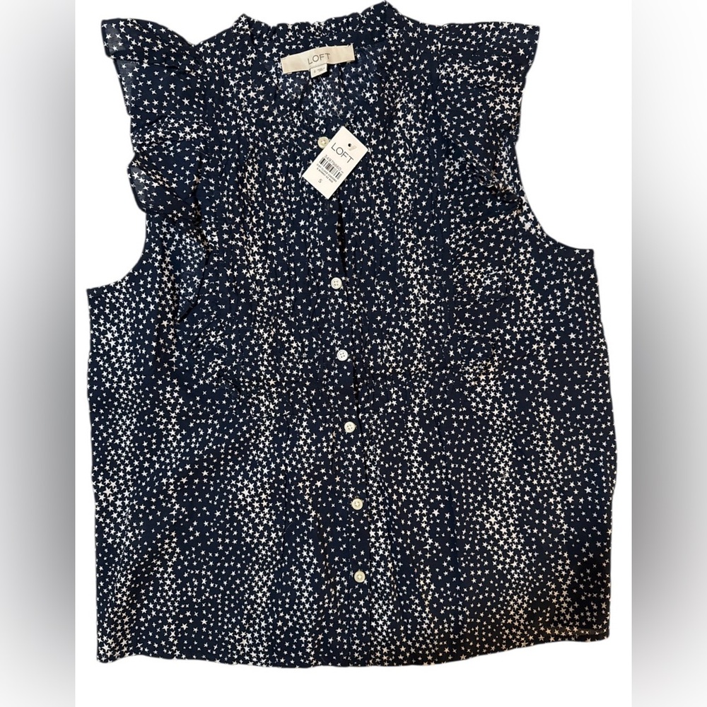 NWT - LOFT Navy Blue and White Star Sleeveless Blouse with Ruffle Detail - Small